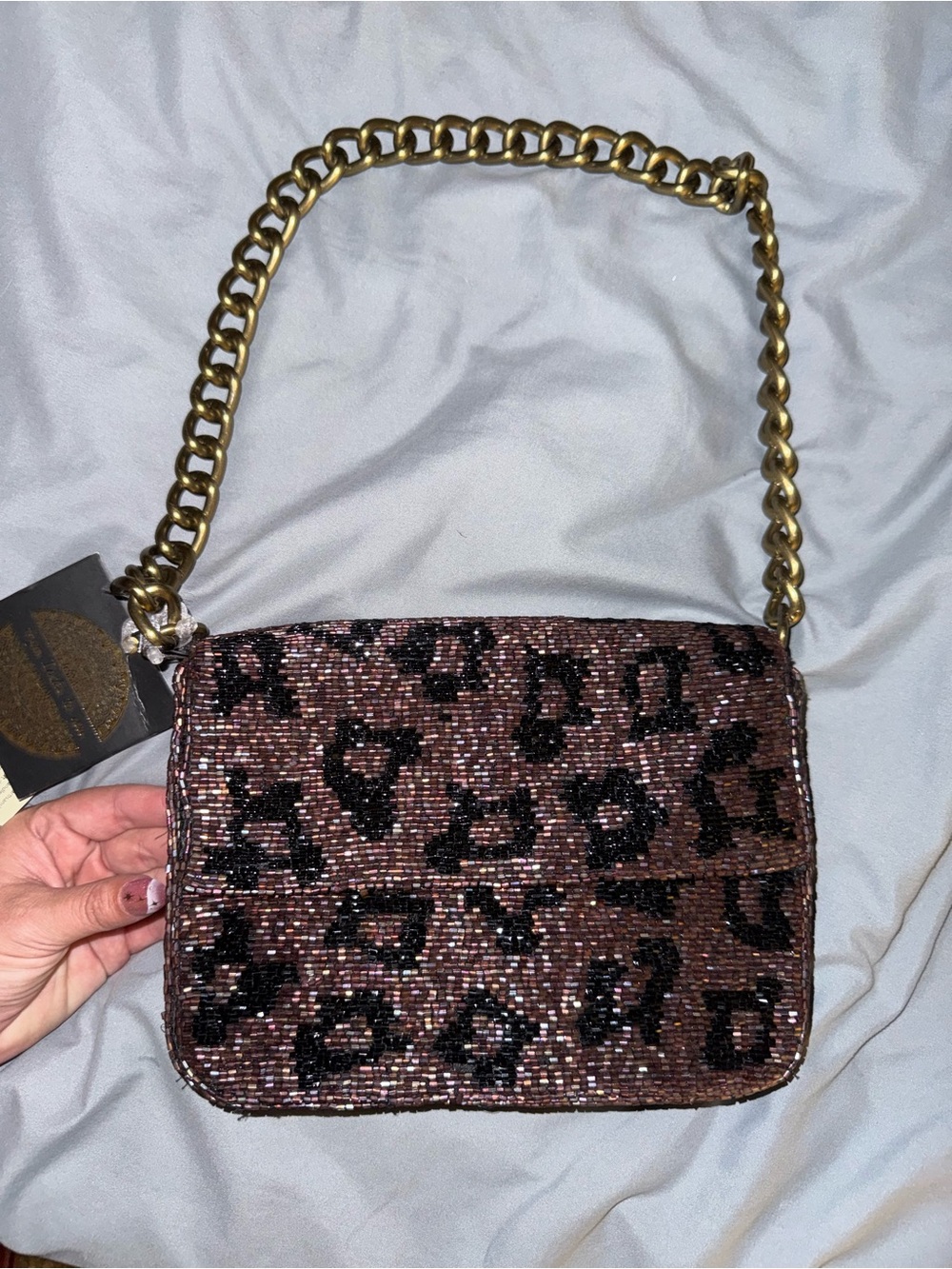 Sparkly Leopard Print Beaded Shoulder Bag with Gold Chain Handmade in India New